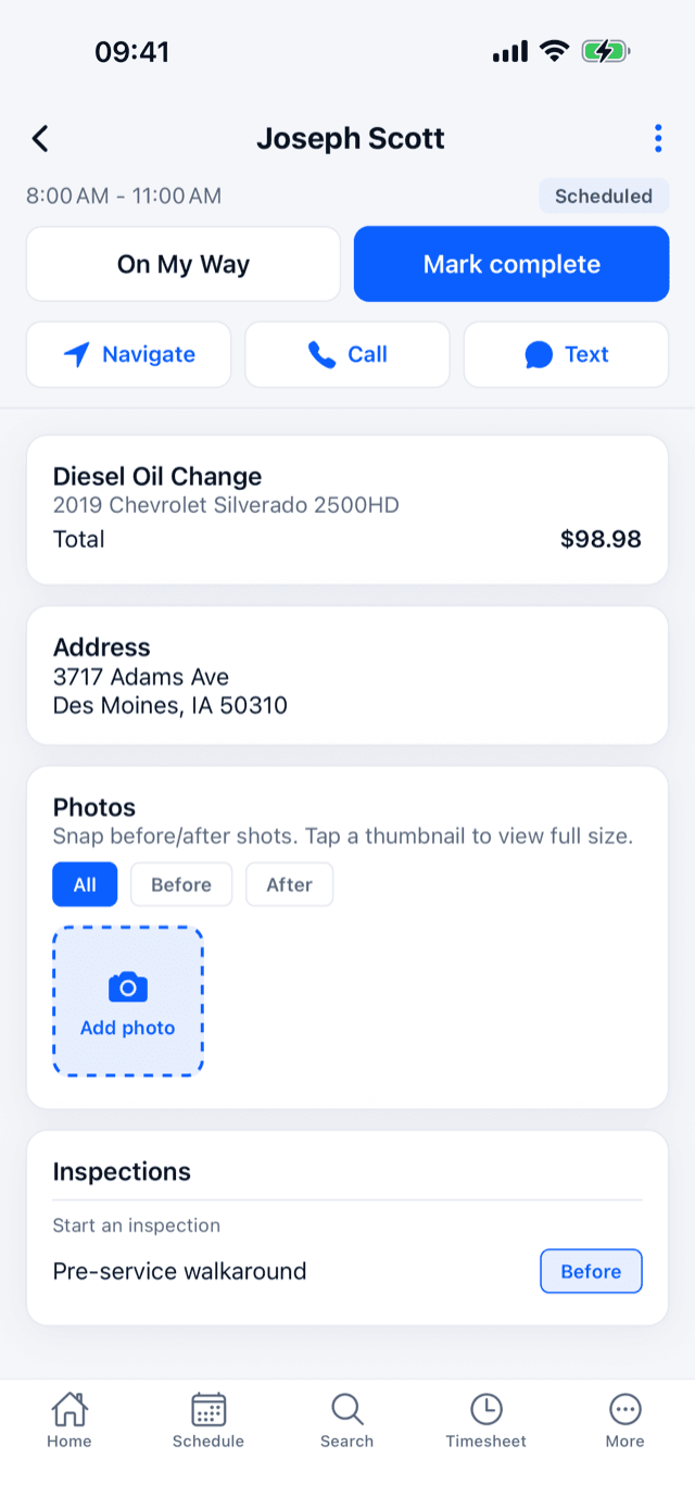 Job detail on the tech app: vehicle, service, and payment