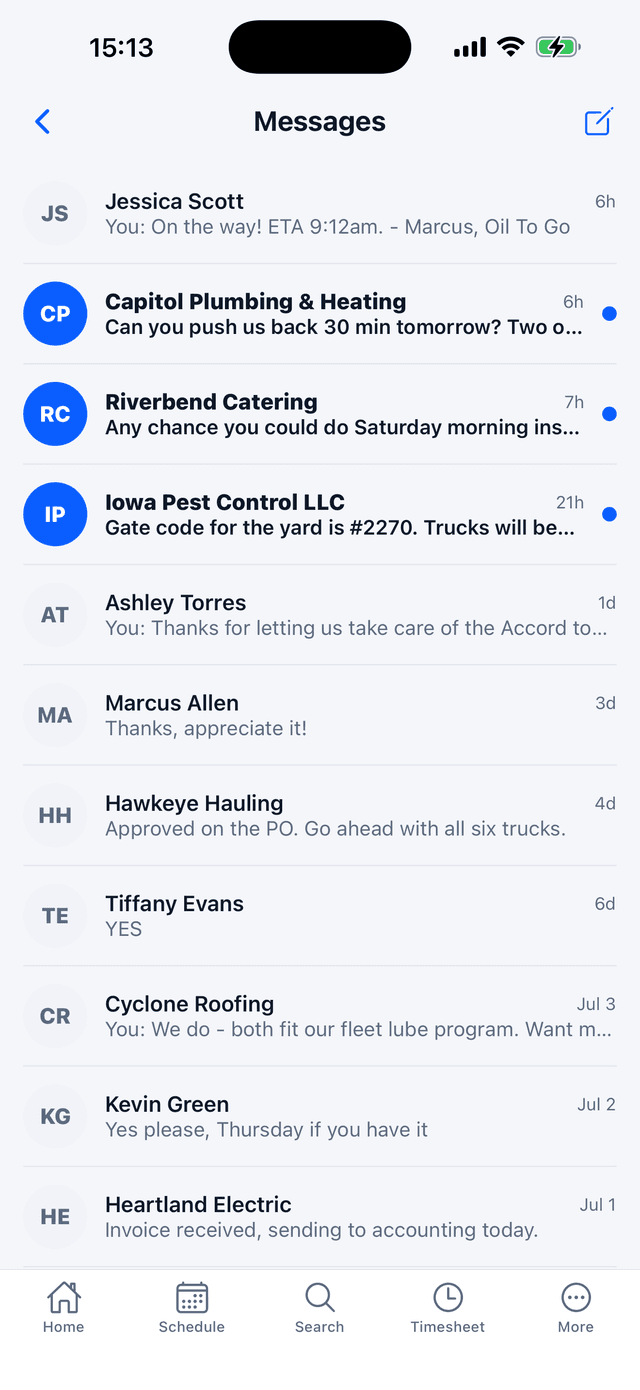 The messages inbox in the tech app - threads by customer with unread indicators, fleet and residential customers mixed, and last-message previews