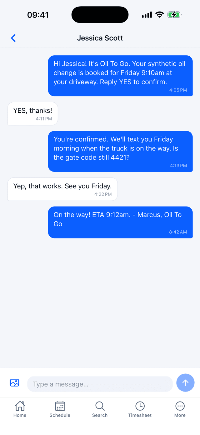 A real customer thread in the tech app - booking confirmation, customer reply with the gate code, and the one-tap on-my-way text with a computed ETA