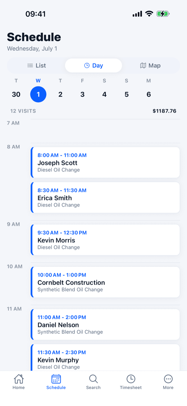 Mobile app day timeline - the day's visits laid out hour by hour