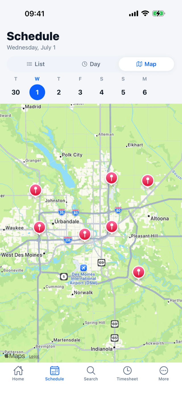The day routed on a map in the tech app