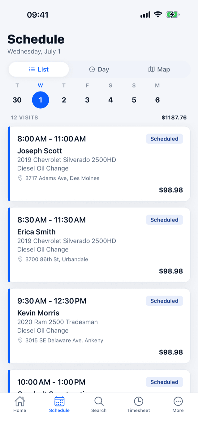 Mobile app schedule - the day's visits in order with times, vehicles, services, and totals