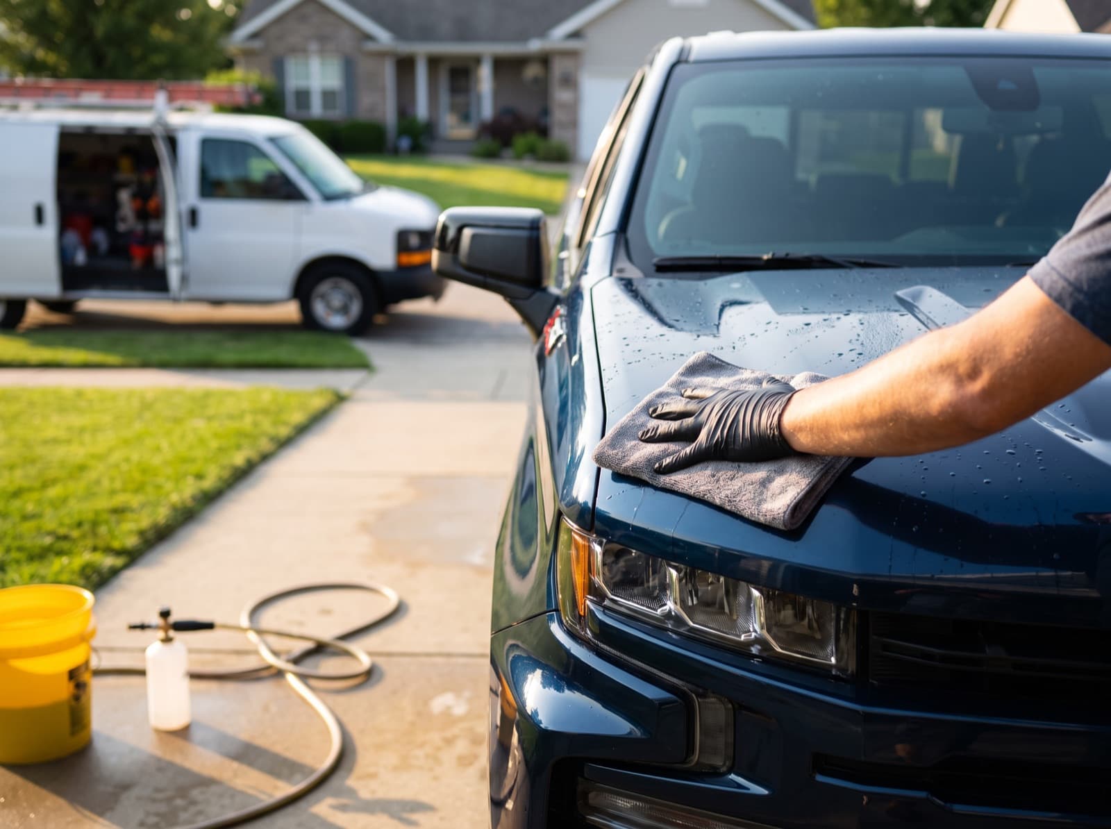 A gloved hand drying a freshly washed navy pickup hood with a microfiber towel in a driveway