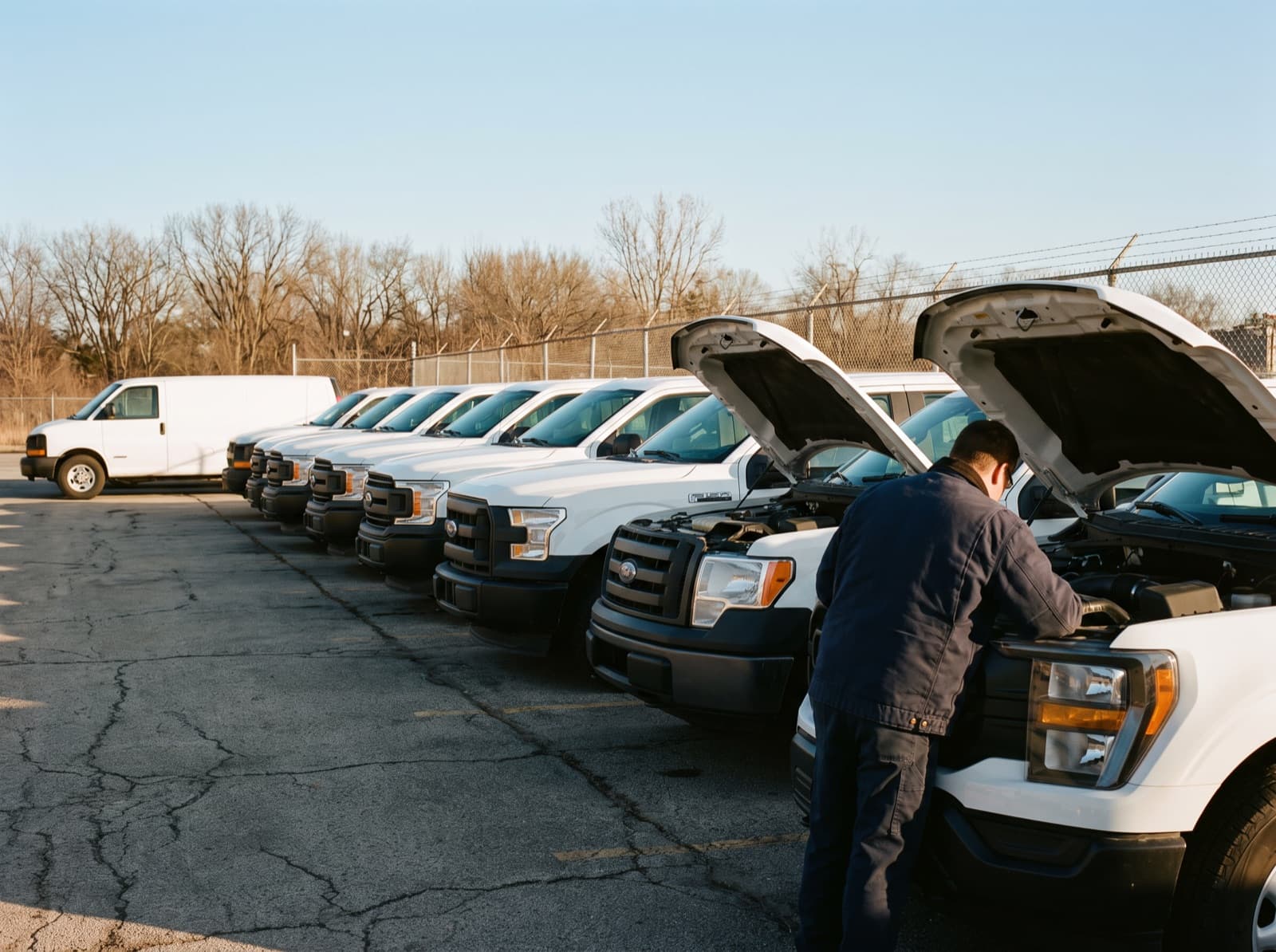 A row of white fleet pickups in a yard with two hoods open and a technician checking an engine