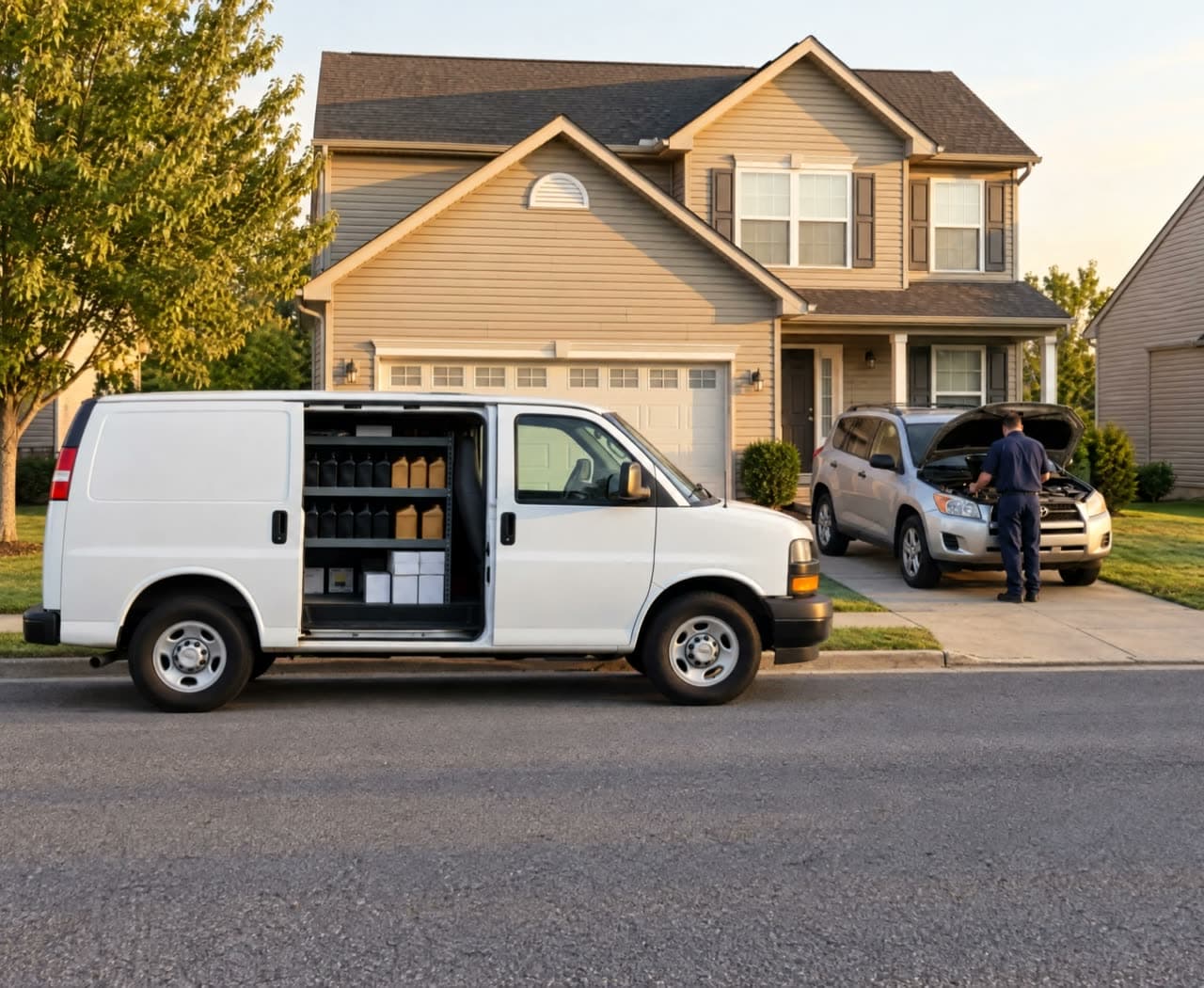 A technician with a funnel at the open hood of an SUV in a driveway, and a white van parked at the curb with its side door open on shelves of motor oil