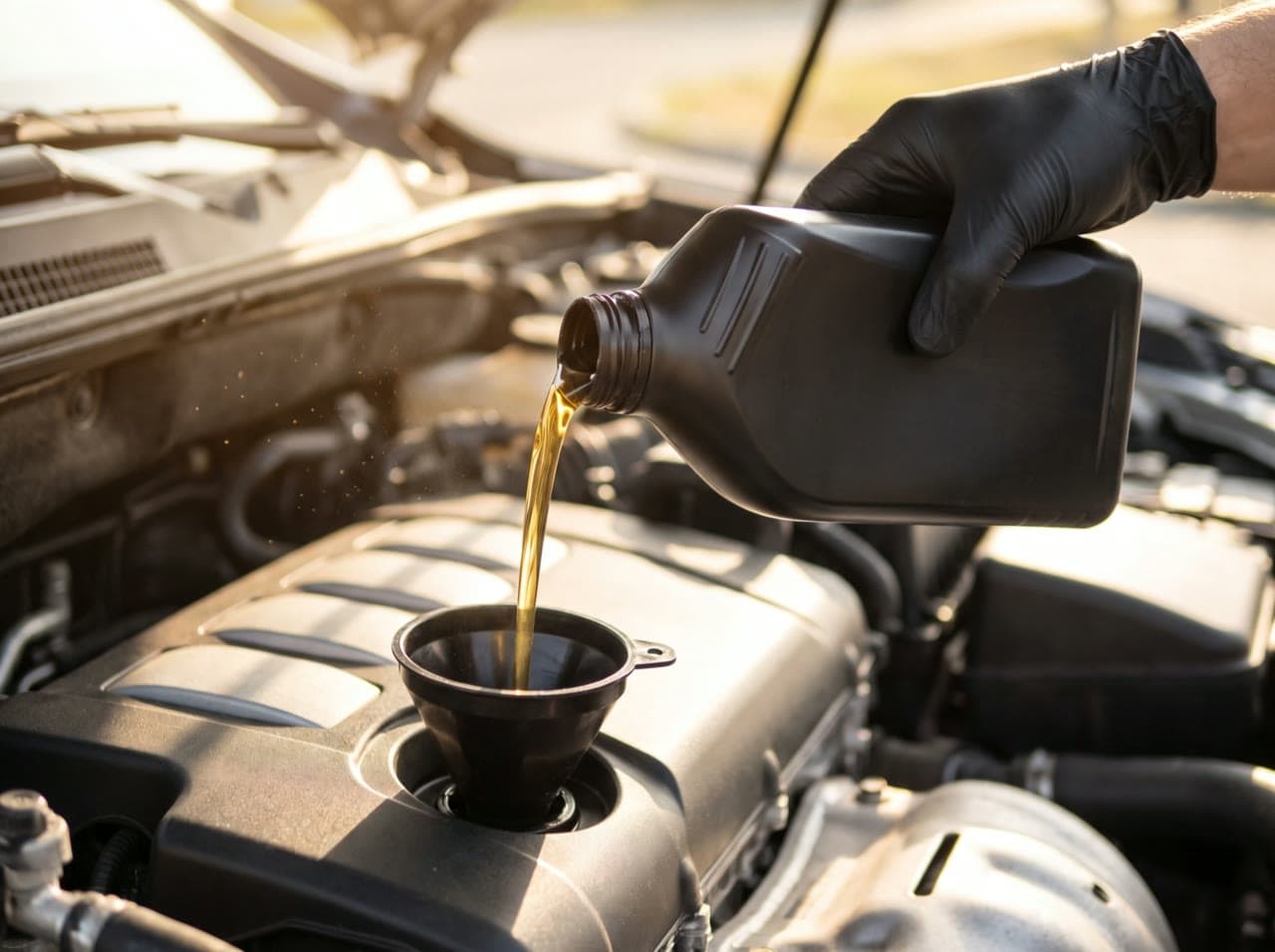 Fresh motor oil pouring from a quart bottle through a funnel into an engine's fill opening, in morning light