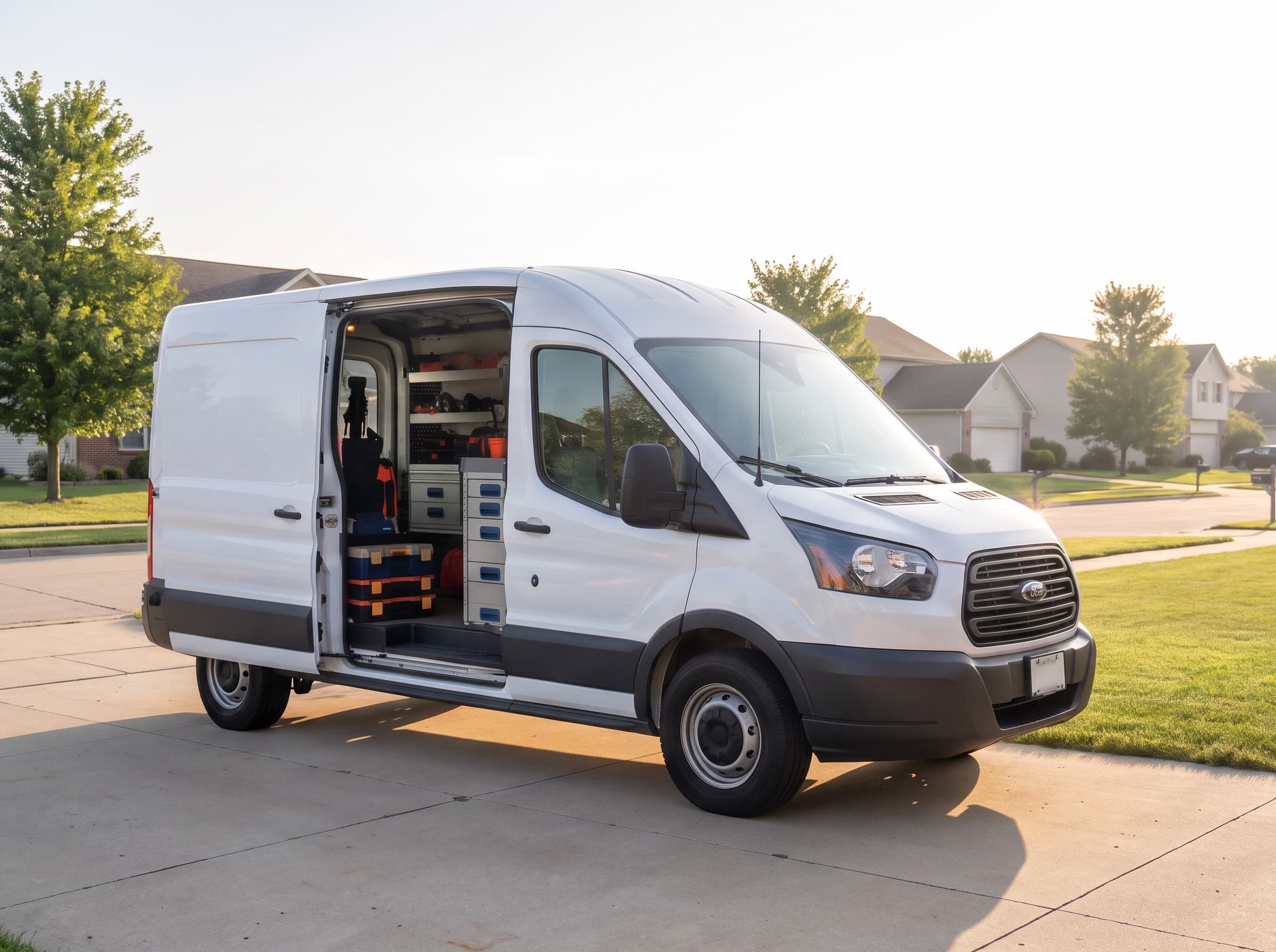 A white work van parked in a suburban driveway with its side door open, shelves of tools and parts inside
