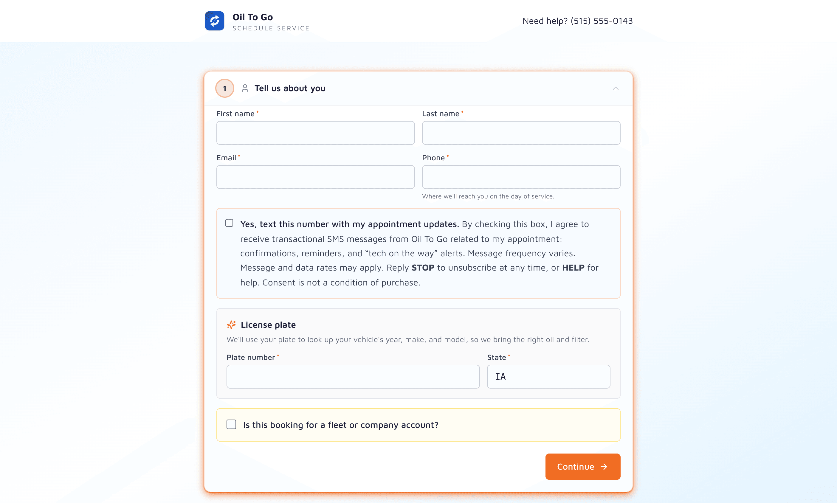 Customer-facing booking widget - contact info, SMS opt-in, license plate lookup, and fleet checkbox on step one