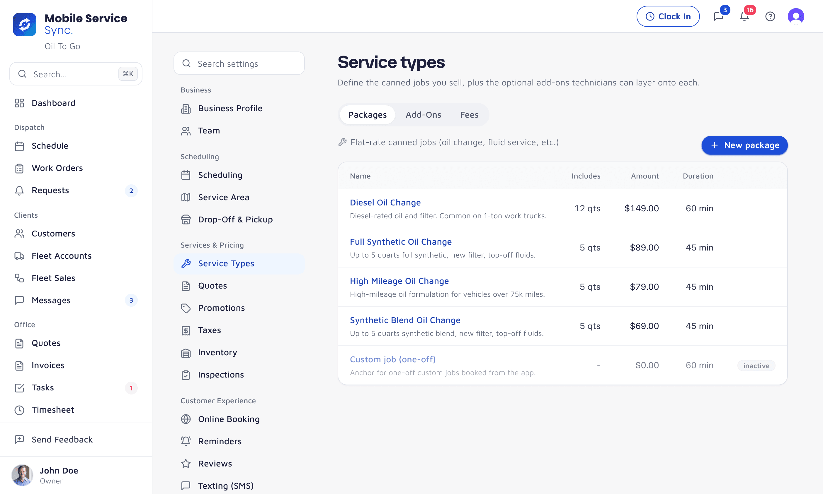 Service types - flat-rate canned jobs with included quarts, price, and duration for diesel, full synthetic, high mileage, and blend oil changes