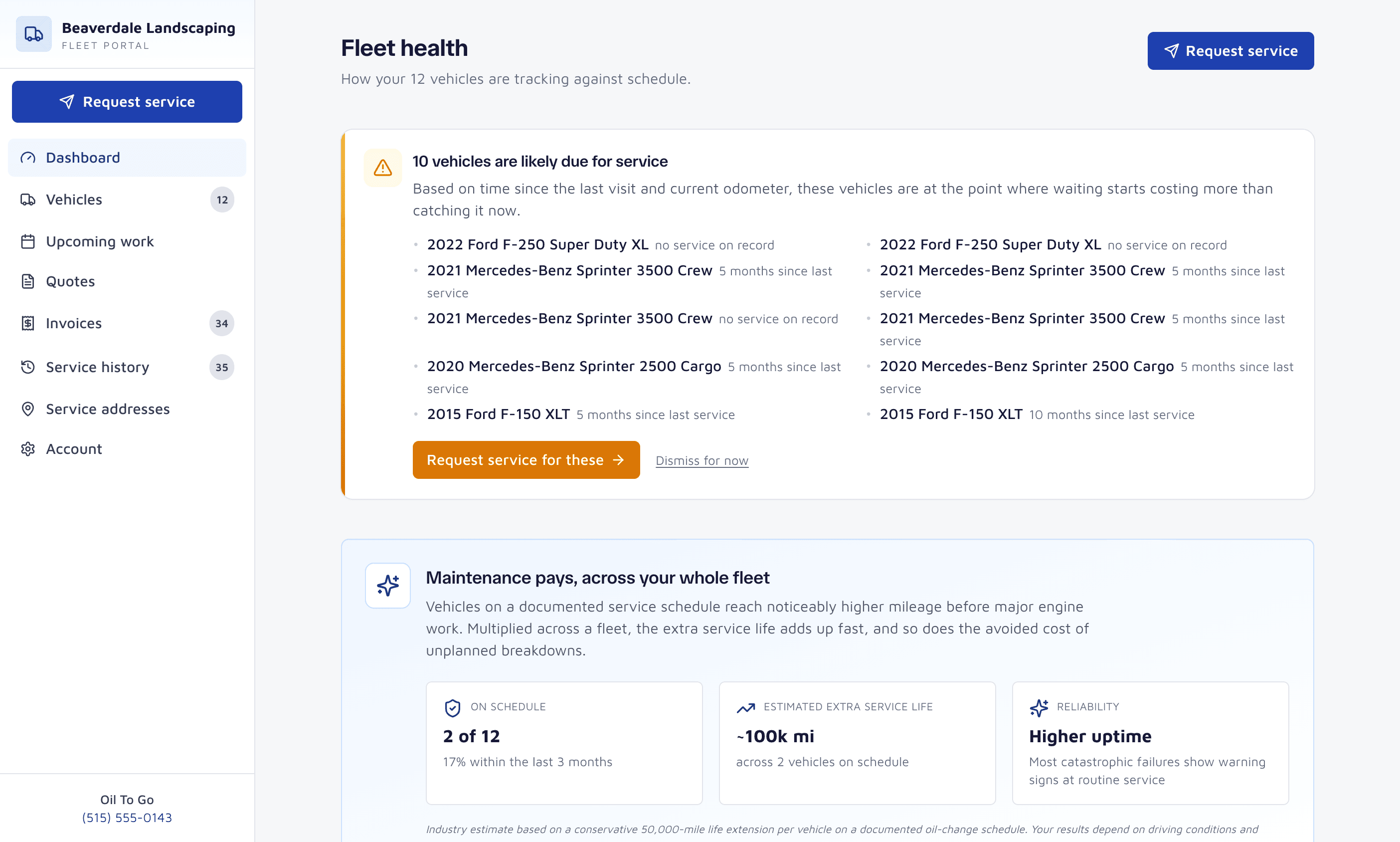 Fleet portal showing fleet health, vehicles likely due for service, and on-schedule metrics