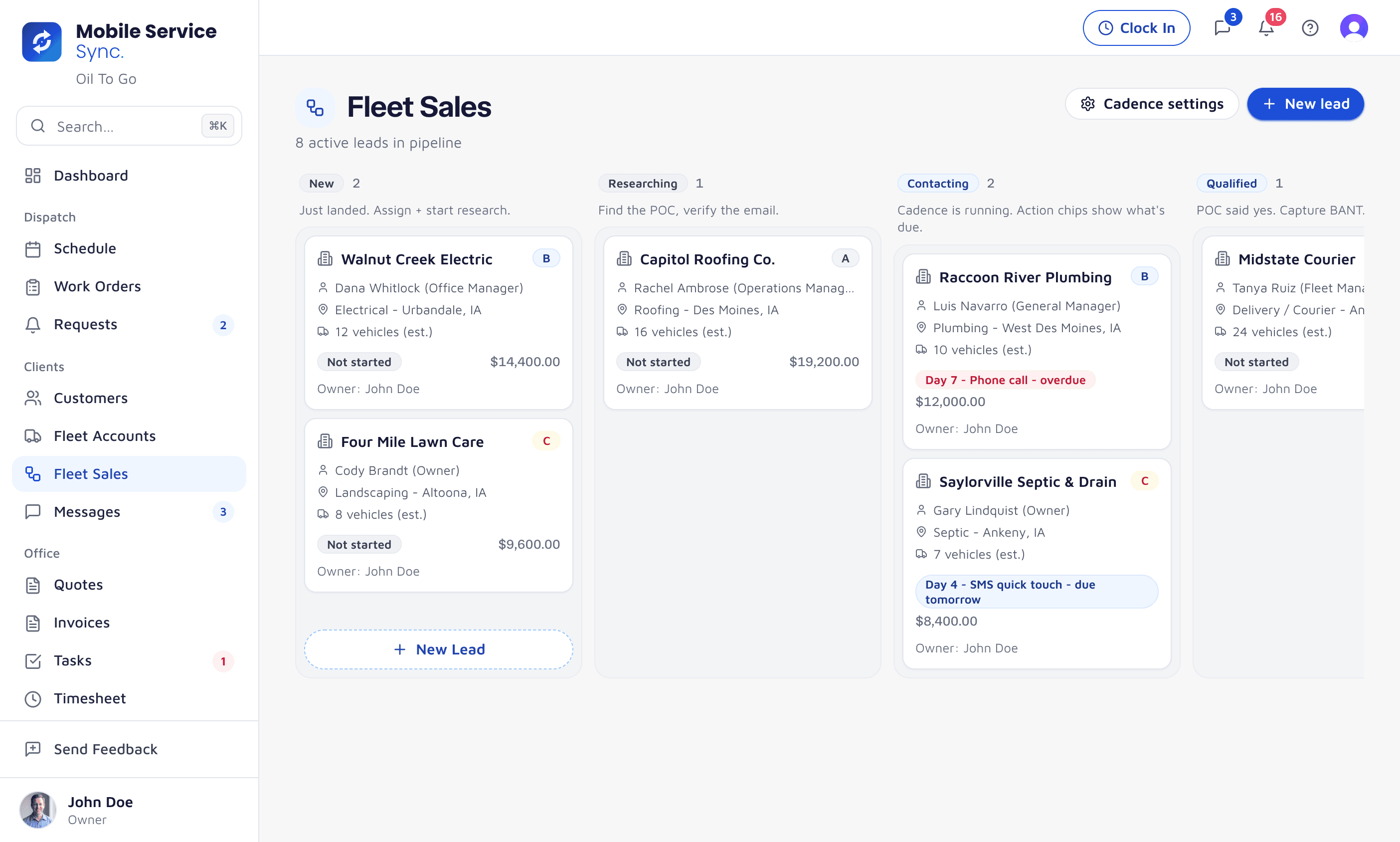 Fleet Sales pipeline board with local companies in the New, Researching, Contacting, and Qualified stages, lead grades, cadence follow-ups due, and estimated deal values