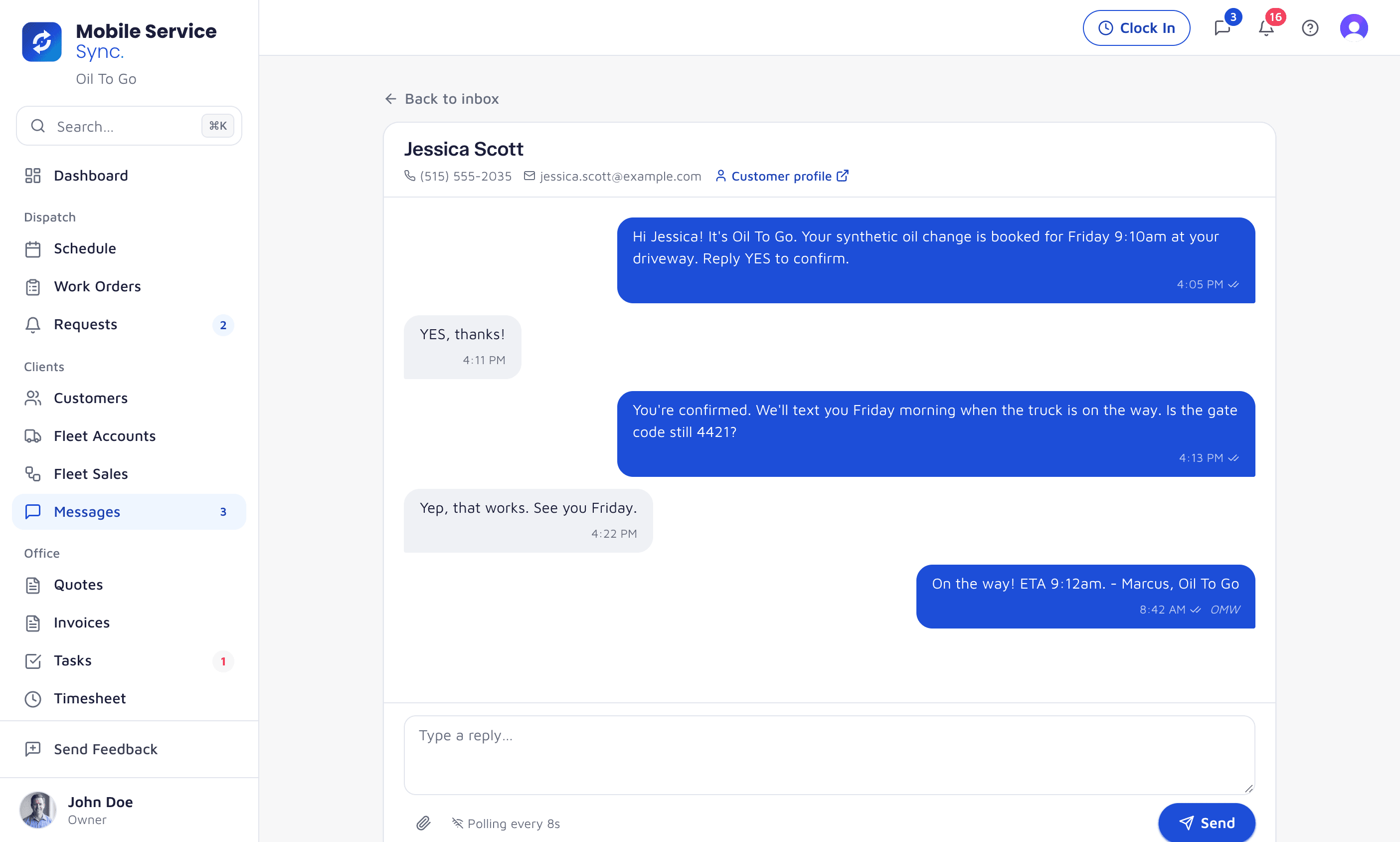 The shared inbox in the web CRM: a customer SMS thread with booking confirmation, gate code, and on-my-way text