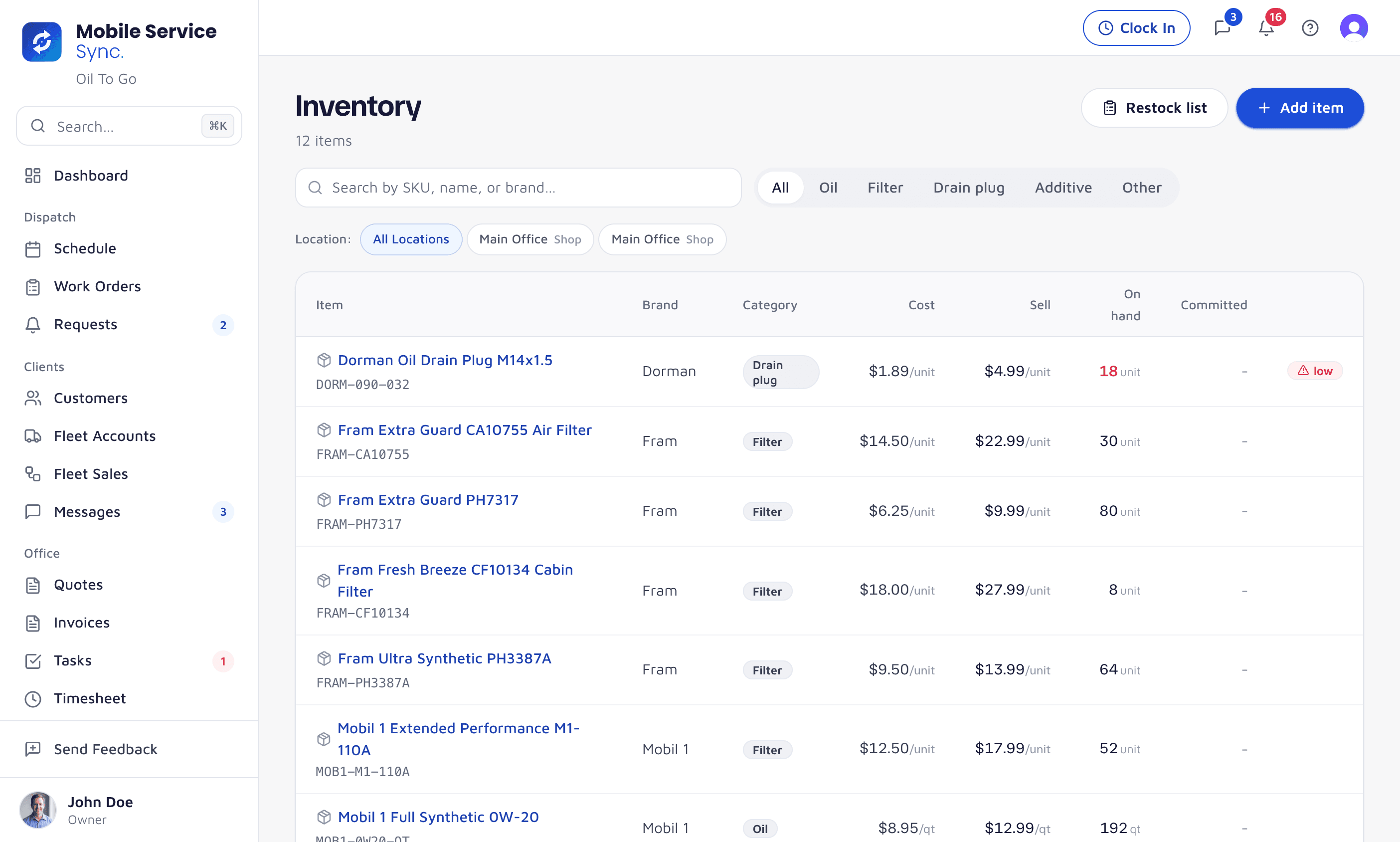 Inventory list with oil, filters, and drain plugs: SKUs, brand, cost, sell price, and on-hand counts, with low stock flagged
