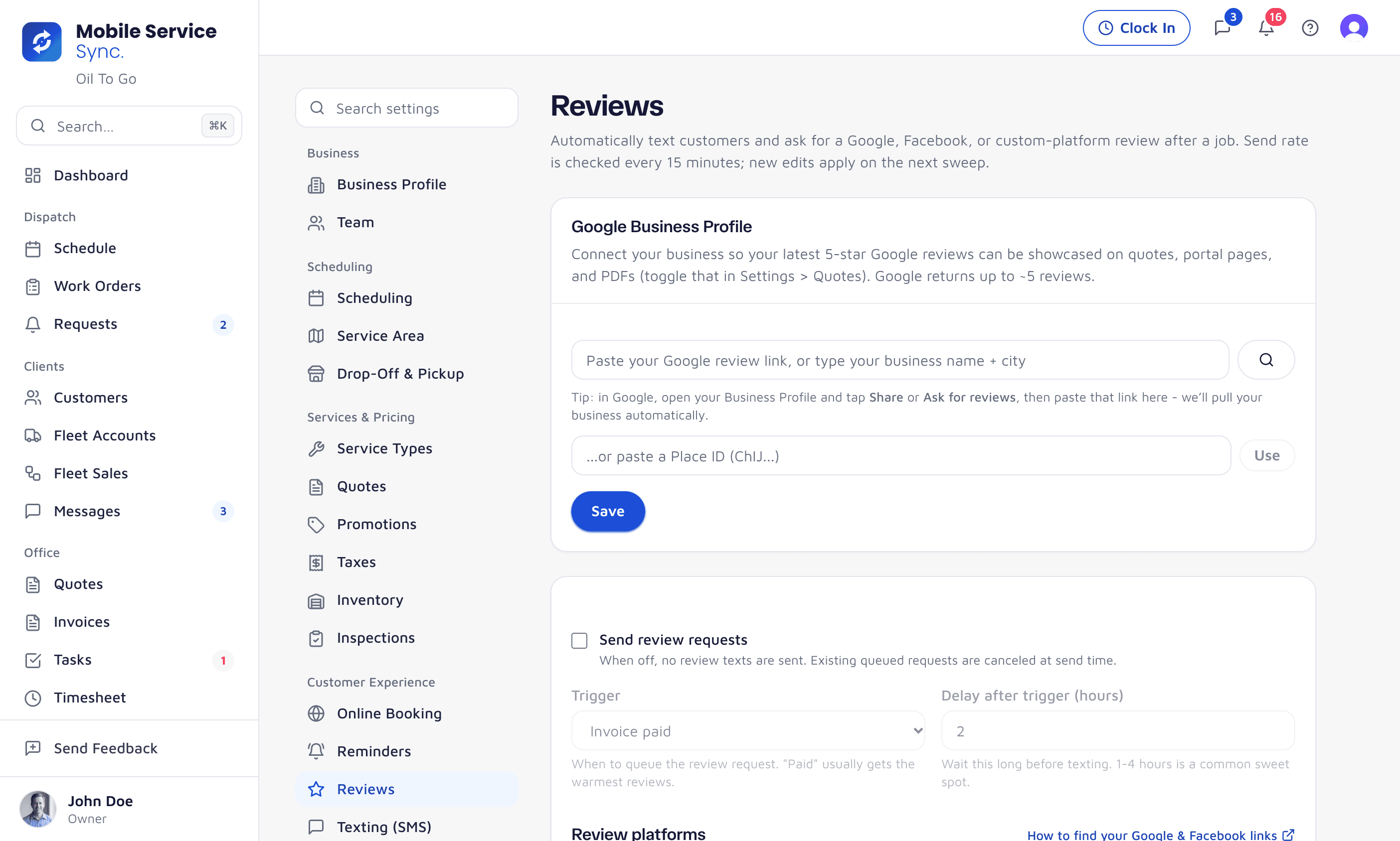 Reviews settings: the Google Business Profile lookup, then the review request trigger and delay