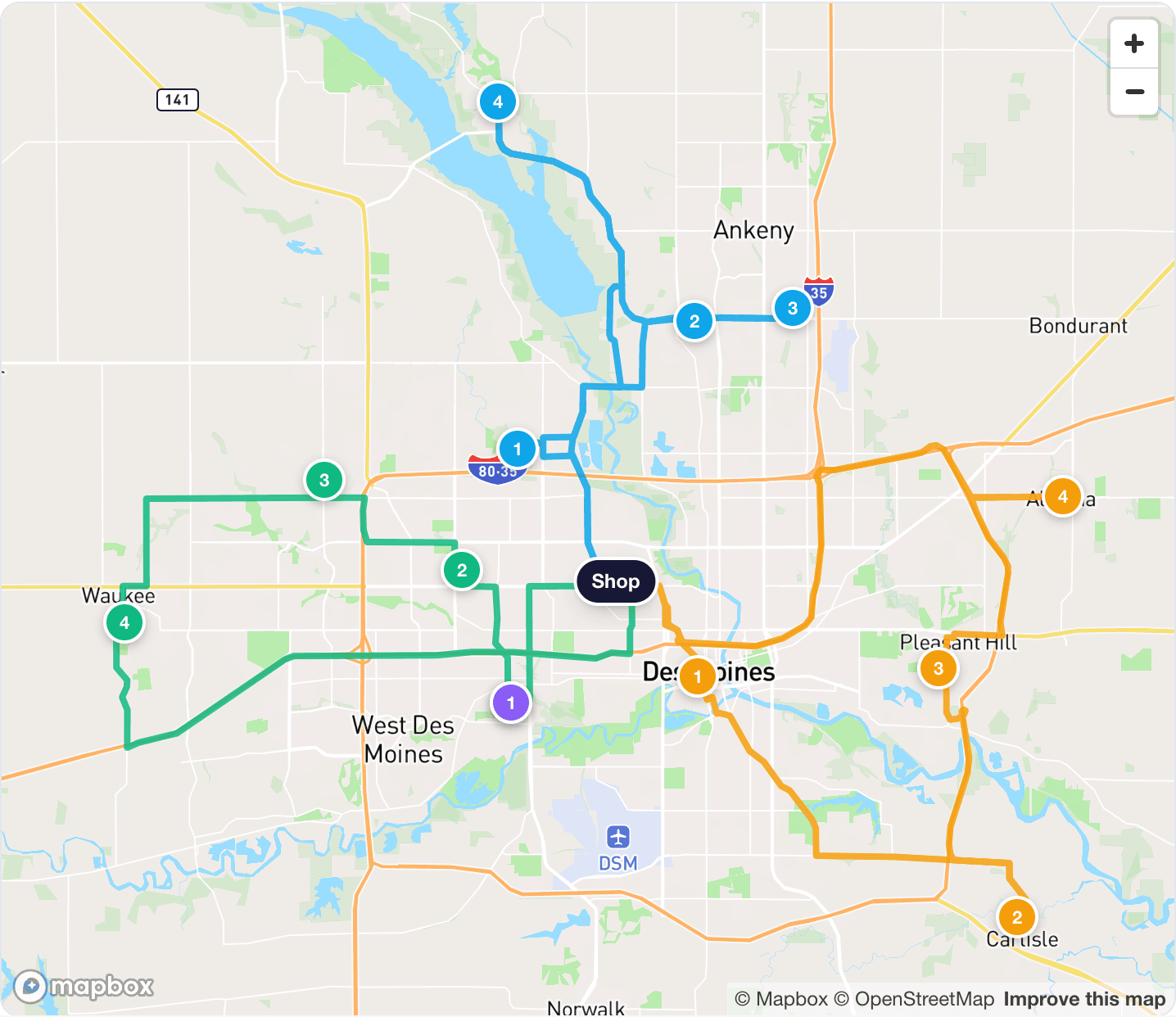 The day's routes for three vans across the metro, each stop numbered in arrival order