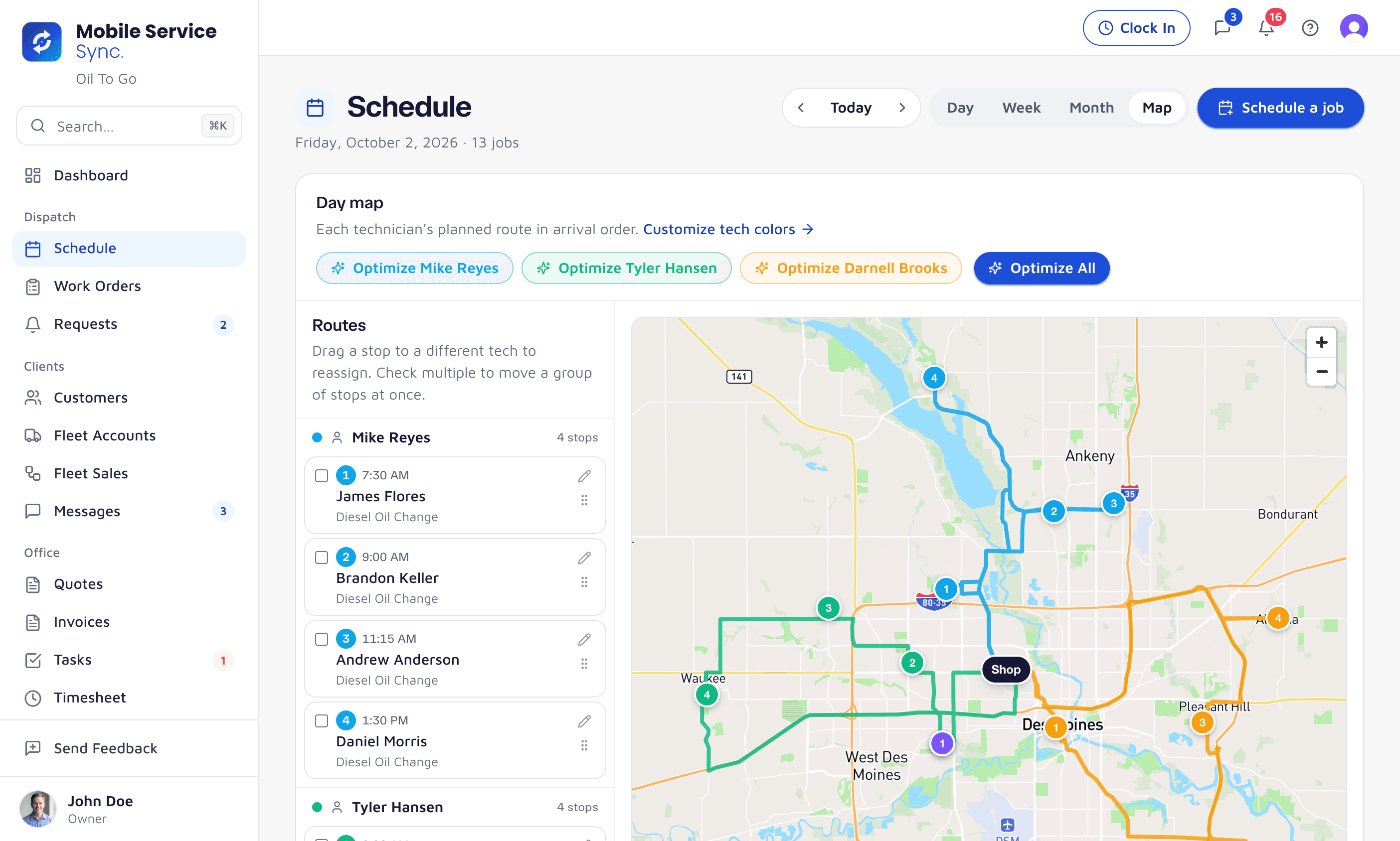 Schedule map view with each technician's stops sequenced and routed
