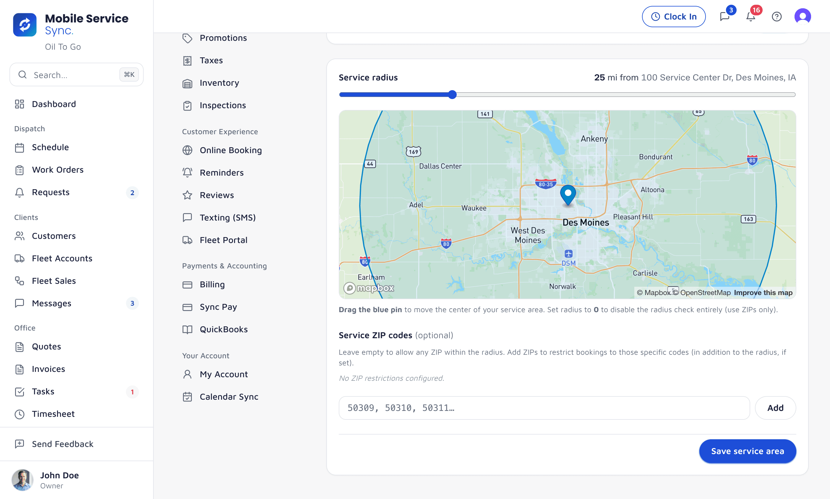 Service Area settings: a 25-mile radius around the shop on the map, with a drag-to-move pin and an optional ZIP allowlist