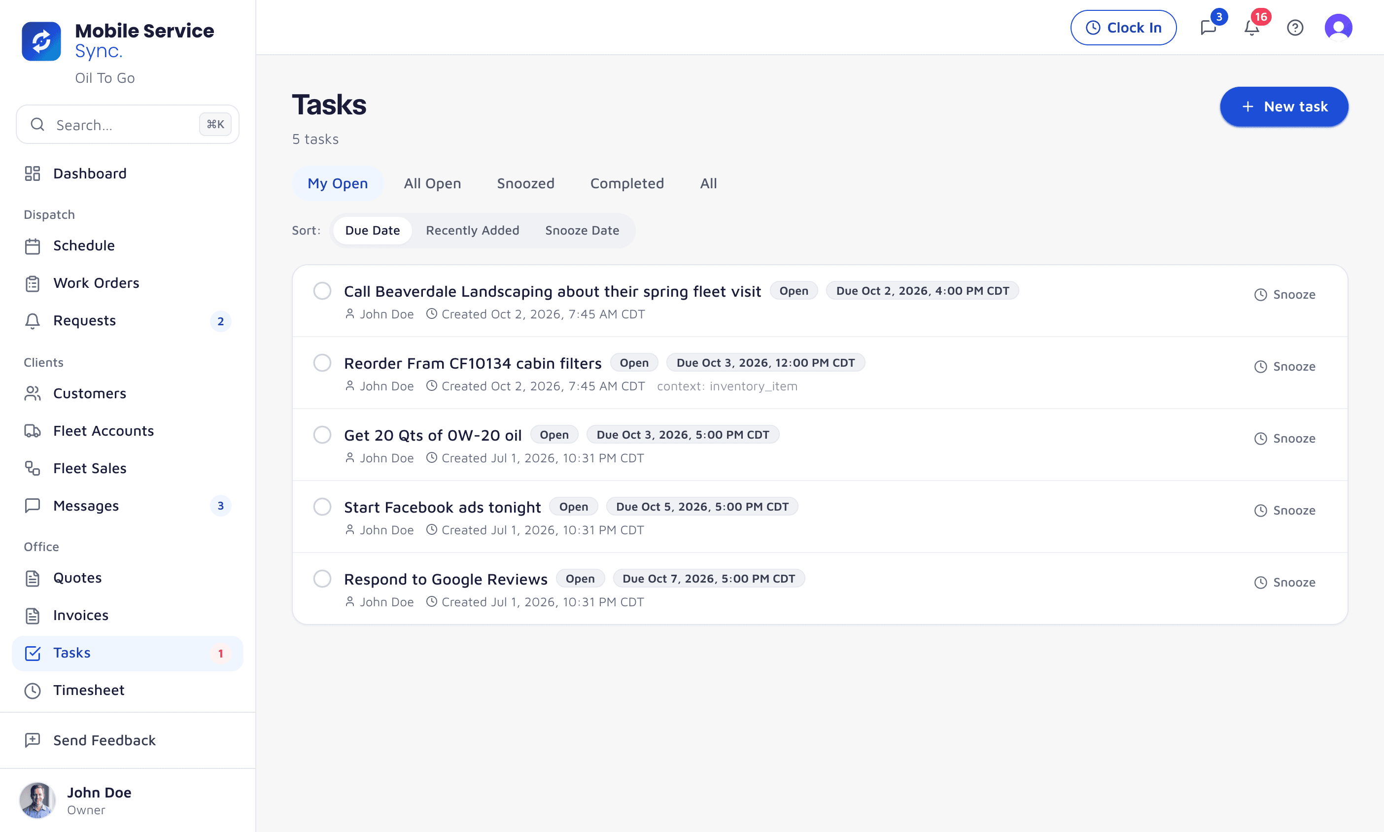 Tasks list with open to-dos, due dates, and snooze: a fleet callback, a cabin filter reorder linked to inventory, restocking 0W-20 oil, and answering Google reviews