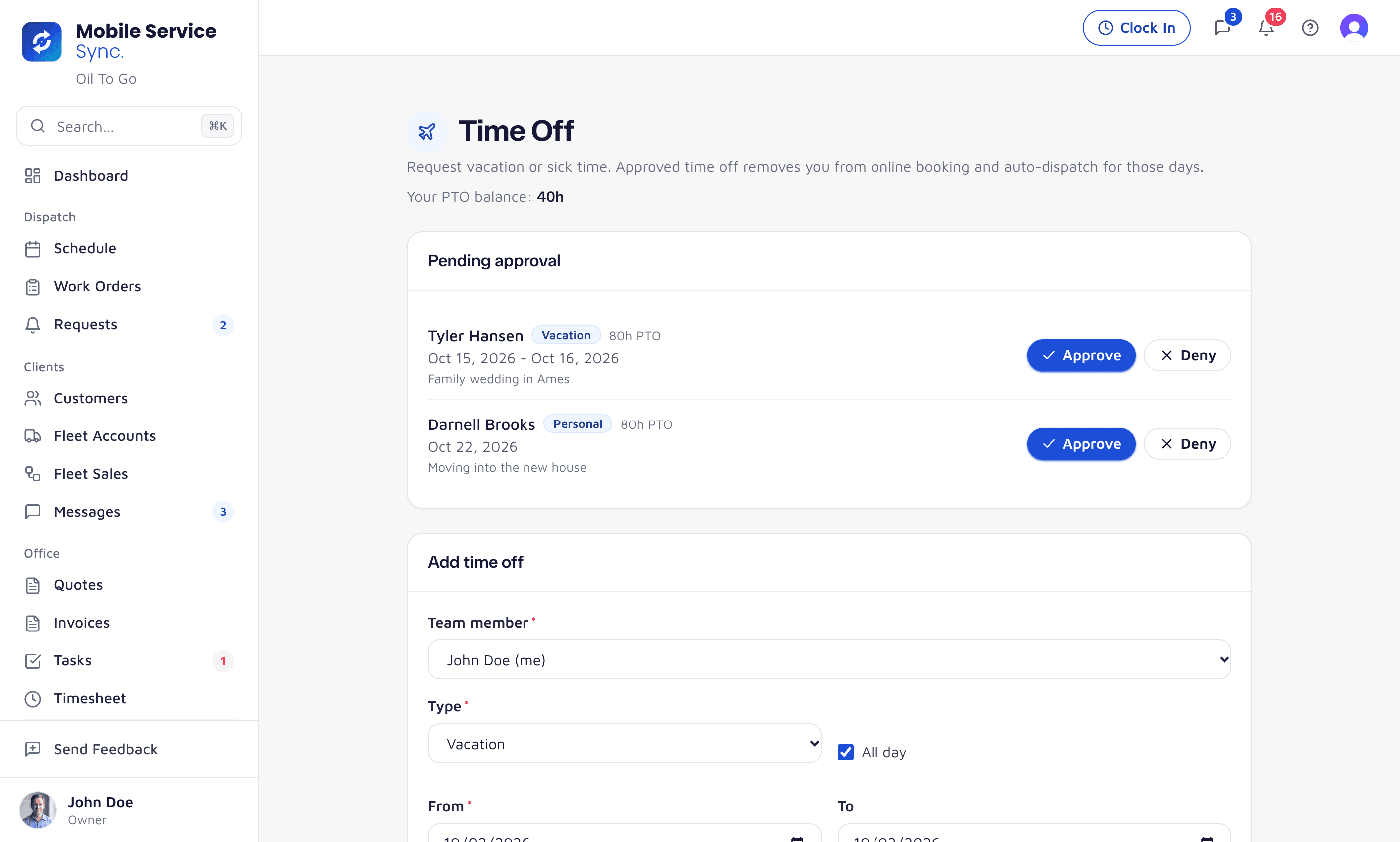 Time Off page: pending vacation and personal requests with approve and deny buttons, PTO balances, and the request form