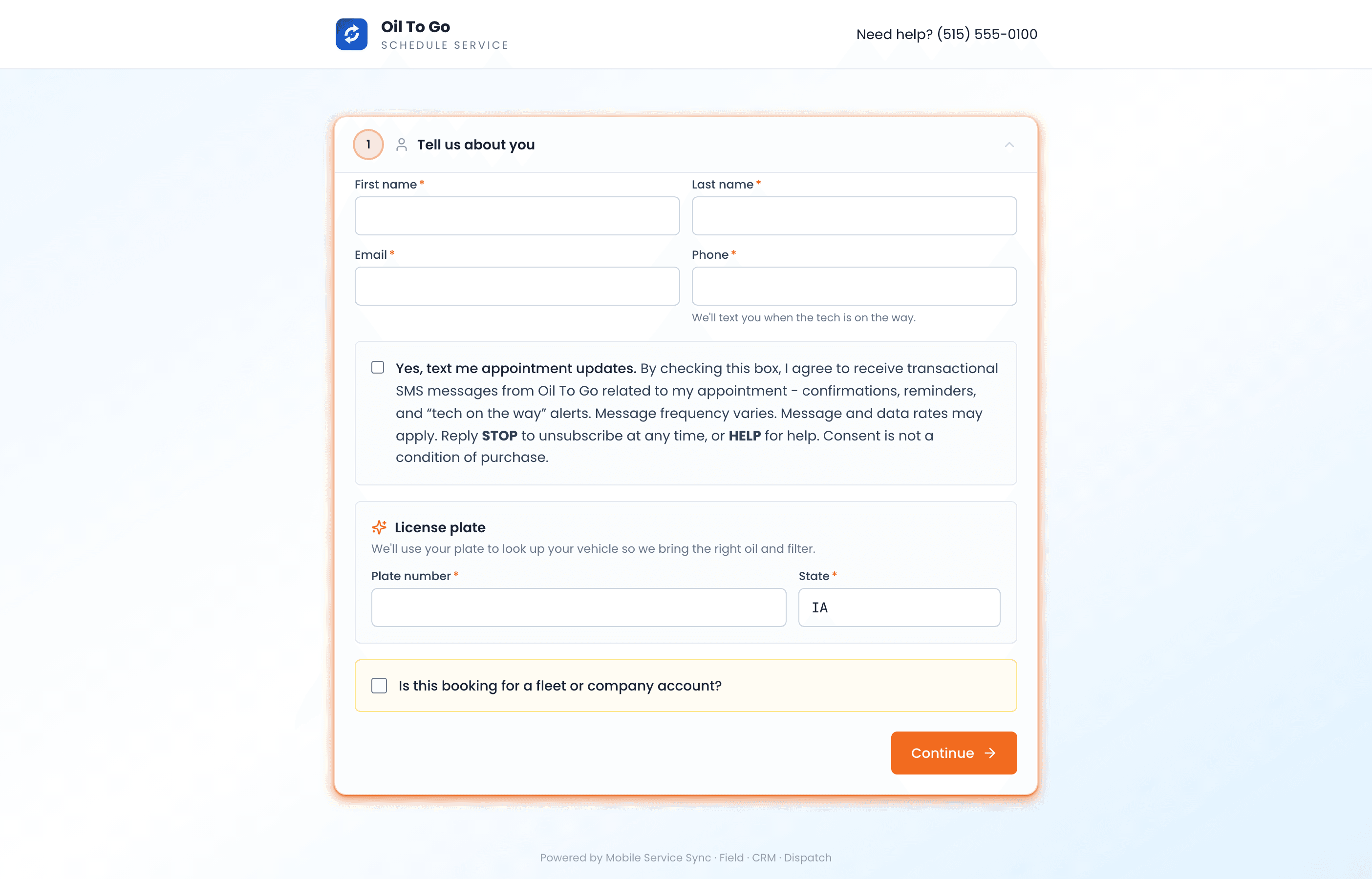 Customer-facing online booking page with service selection and open time slots