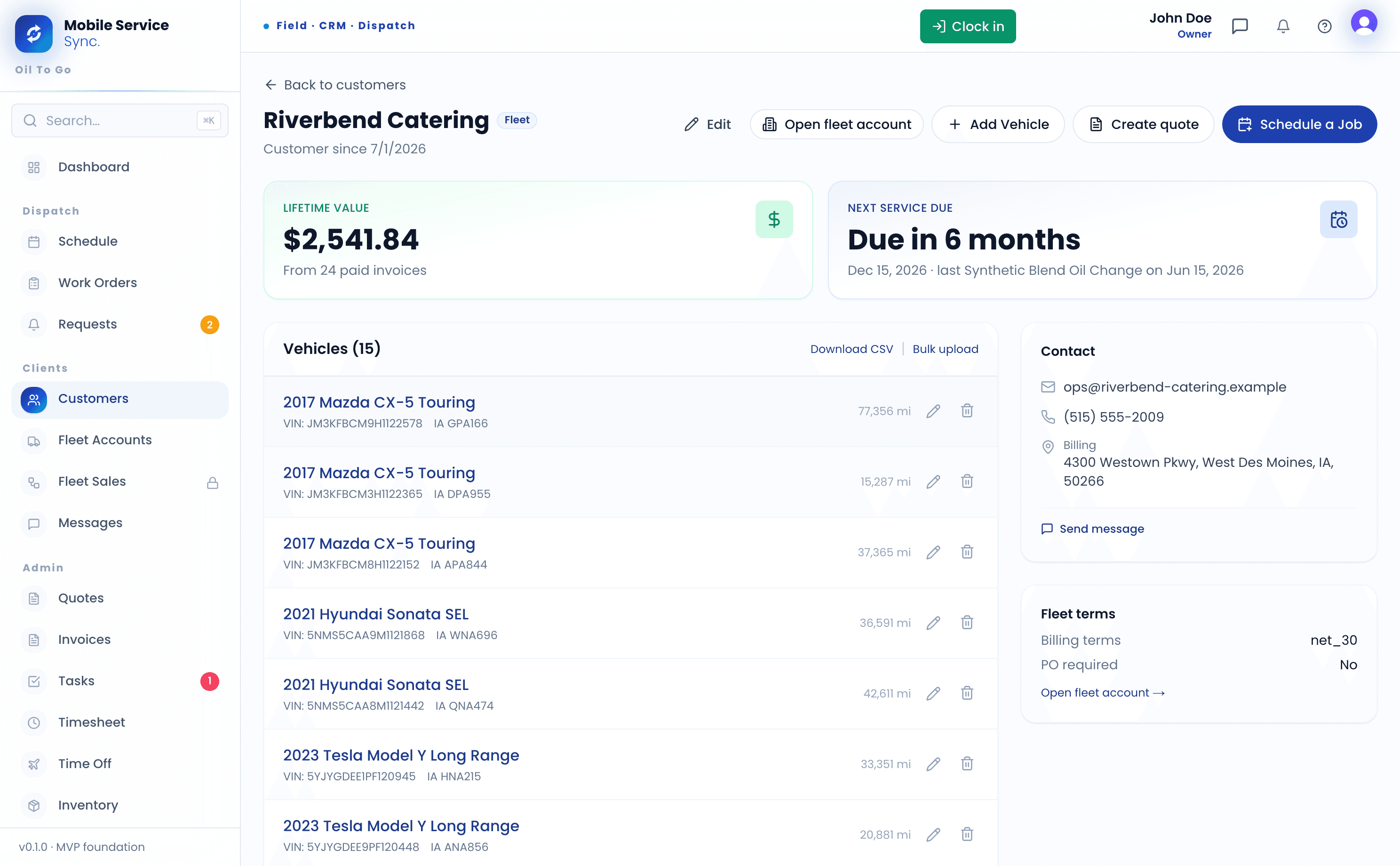 Customer record with vehicles, lifetime value, contact info, service addresses, and upcoming jobs