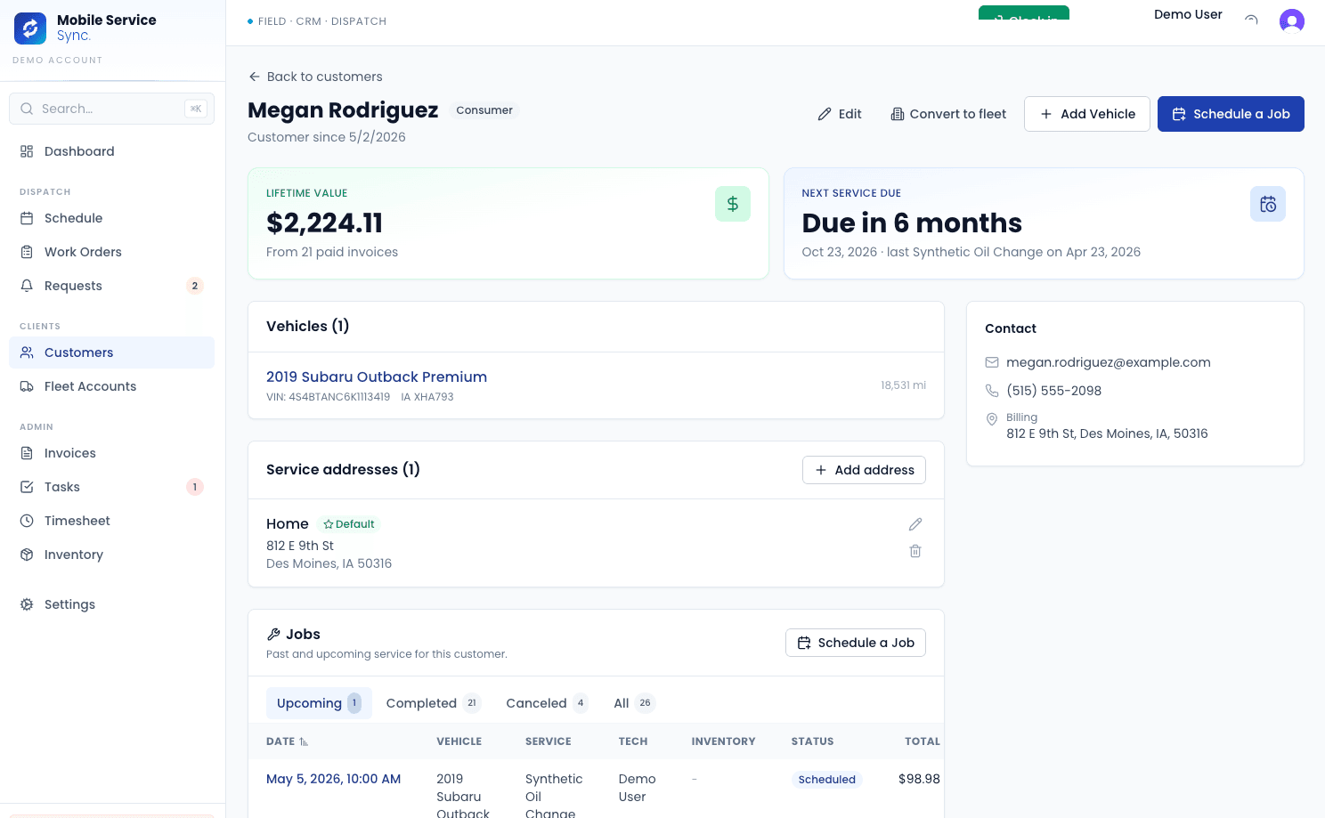 Customer record with vehicles, lifetime value, contact info, service addresses, and upcoming jobs
