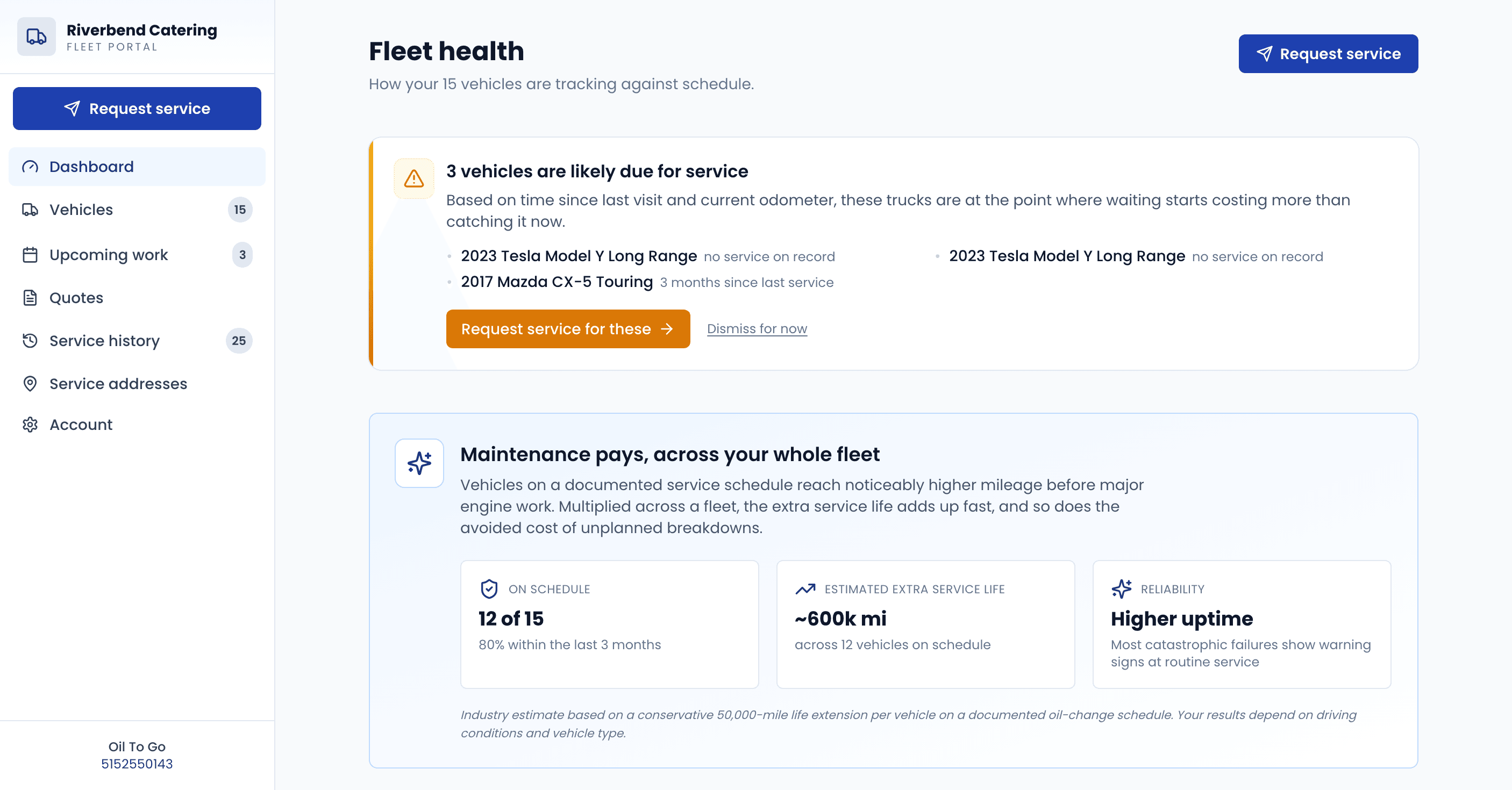 Fleet portal showing fleet health, vehicles likely due for service, and on-schedule metrics