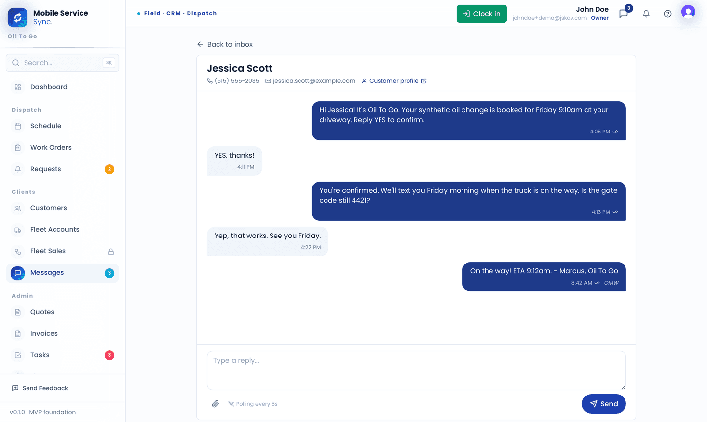 The shared inbox in the web CRM - a full customer SMS thread with booking confirmation, gate code, and on-my-way text, delivery receipts, and the customer's profile one click away