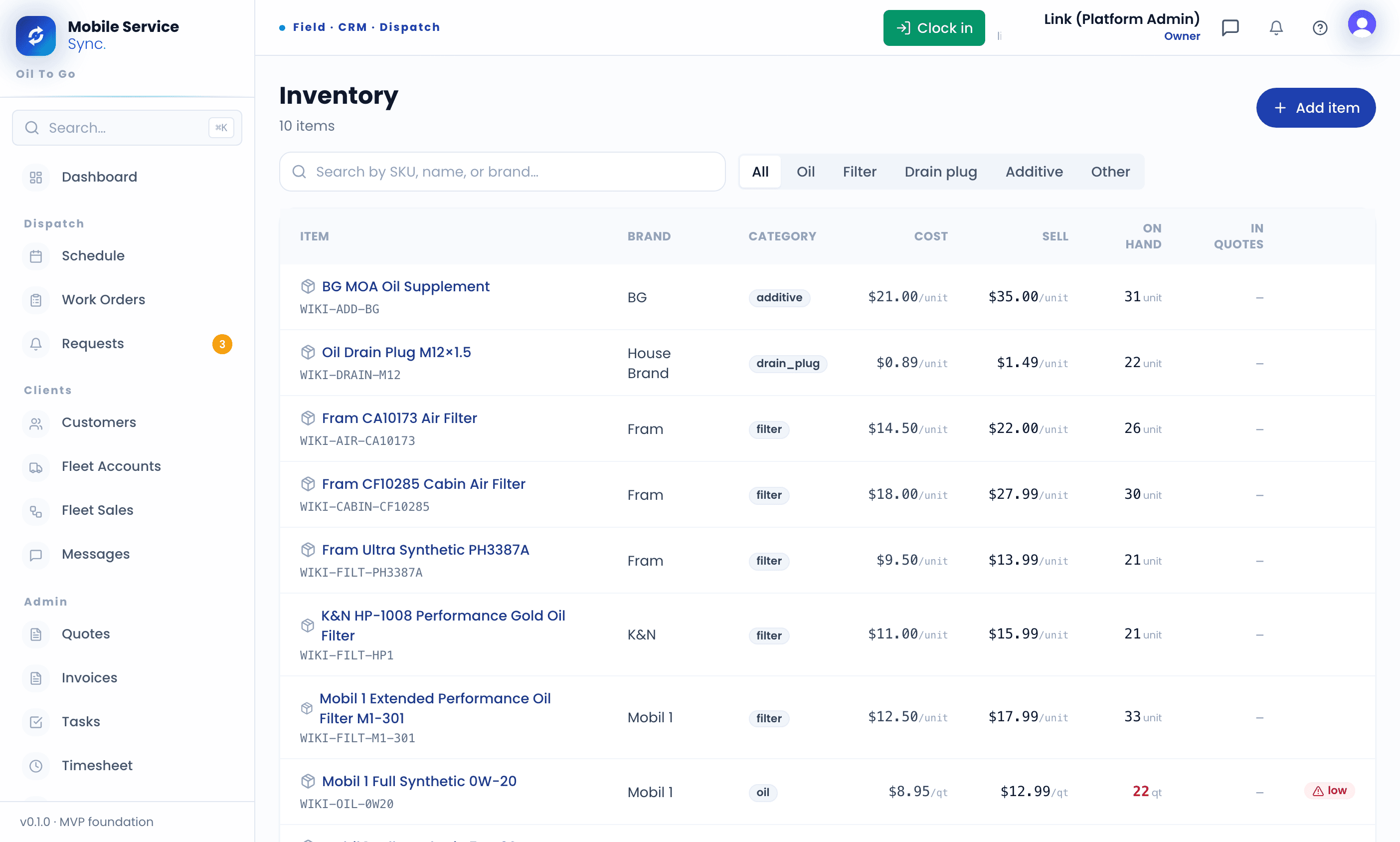 Inventory list with oil, filters, and additives - SKUs, cost, sell price, and on-hand counts per item