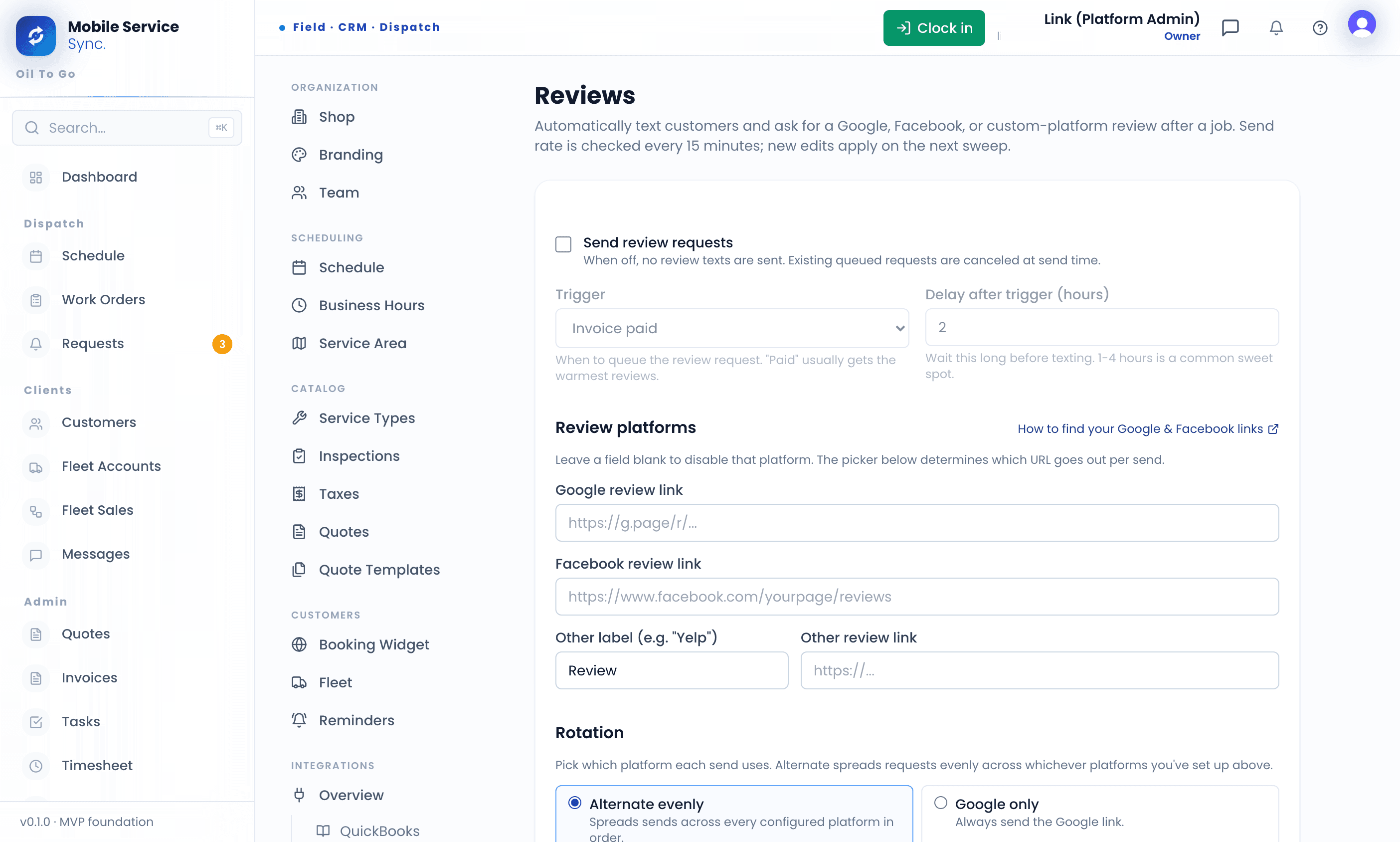 Review request settings - trigger, delay, platform links, rotation, and the SMS template with live preview