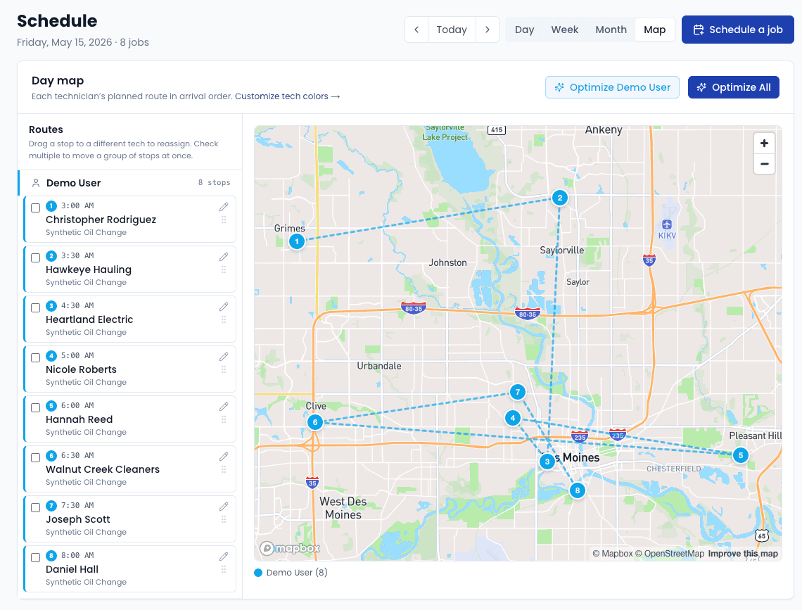 Daily schedule with eight stops sequenced and routed across Des Moines on a Mapbox map