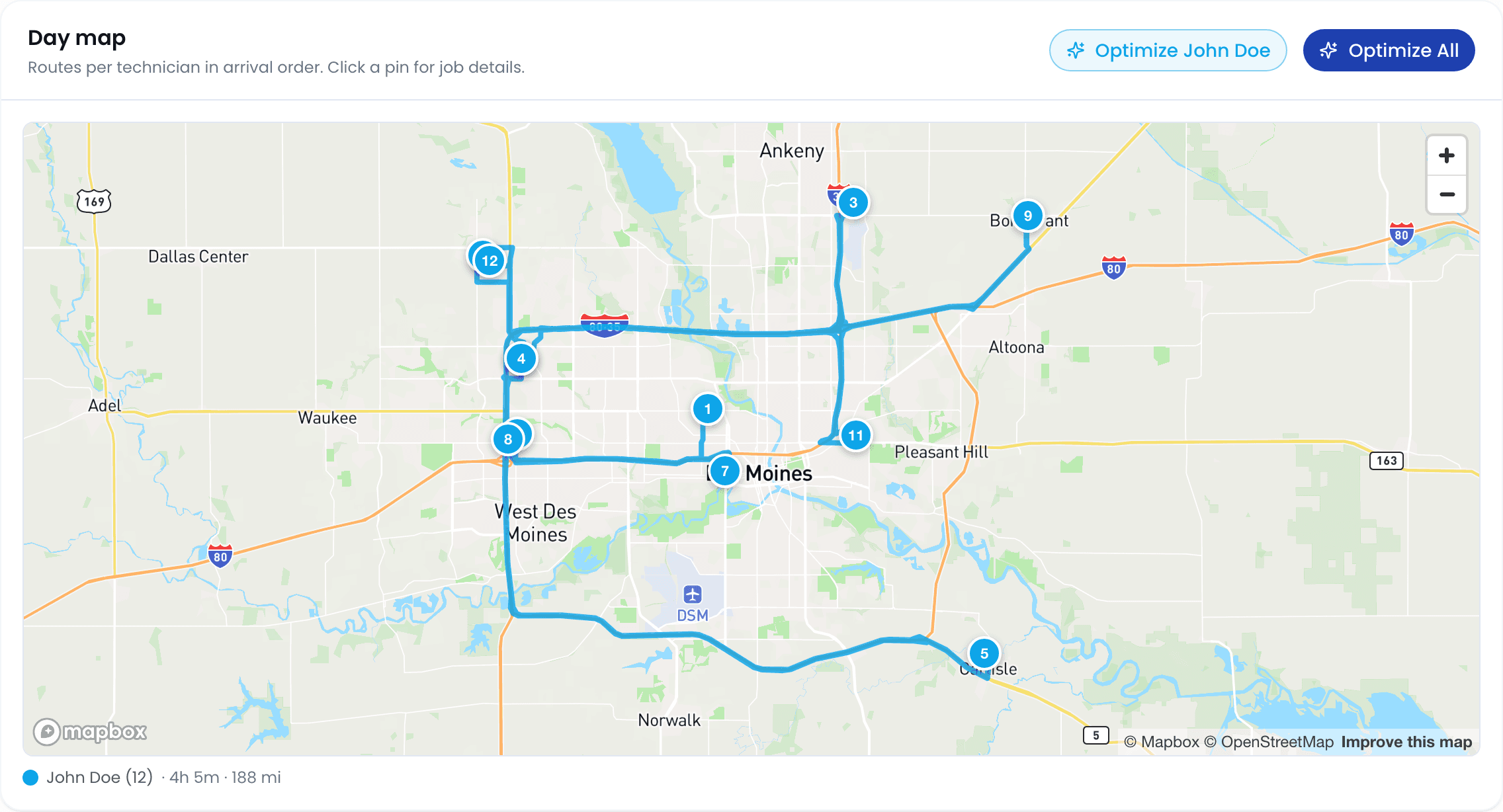 Weekly schedule with routed stops across multiple trucks