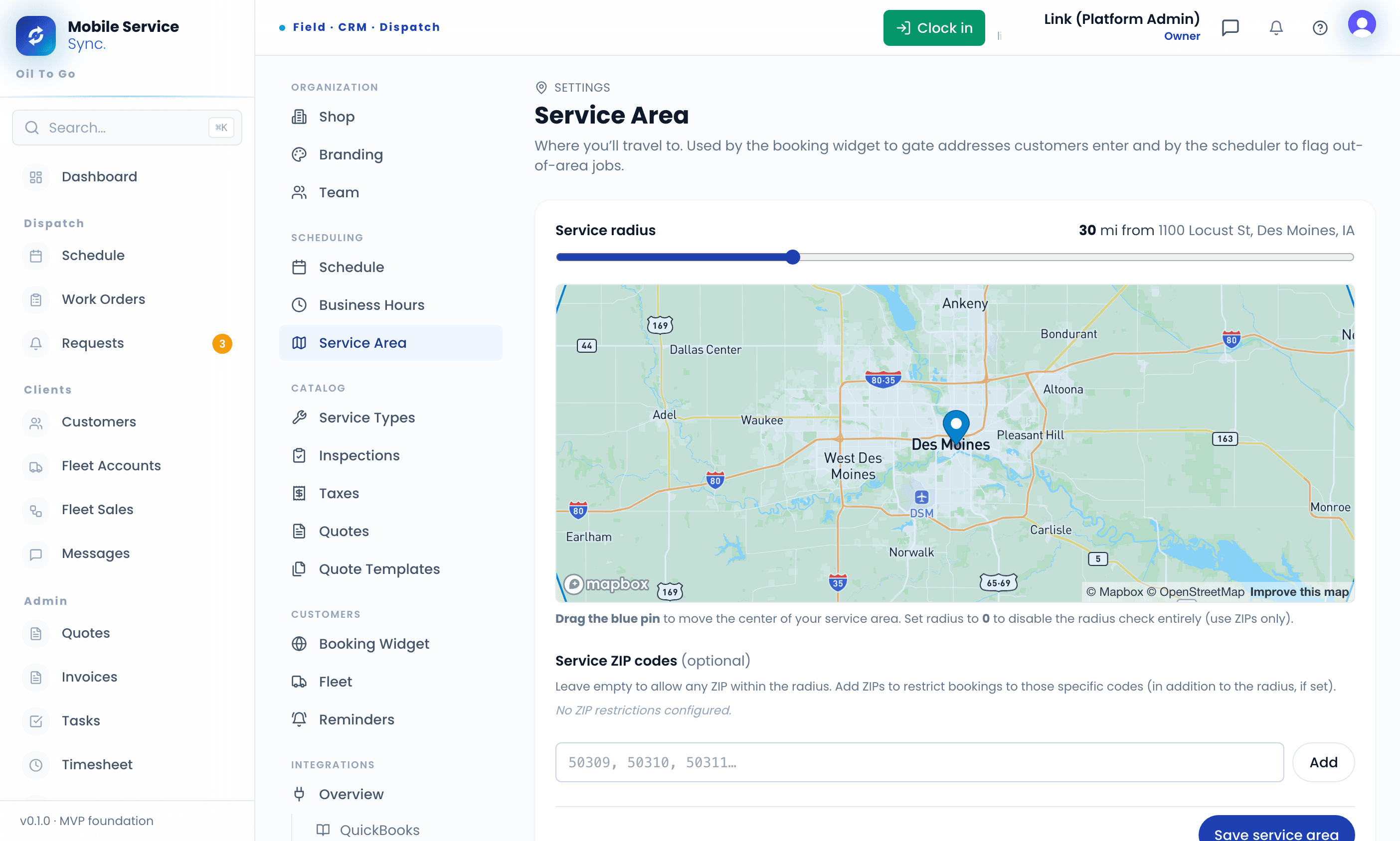 Service Area settings - a 30-mile radius around the shop on the map, with drag-to-move pin and optional ZIP allowlist