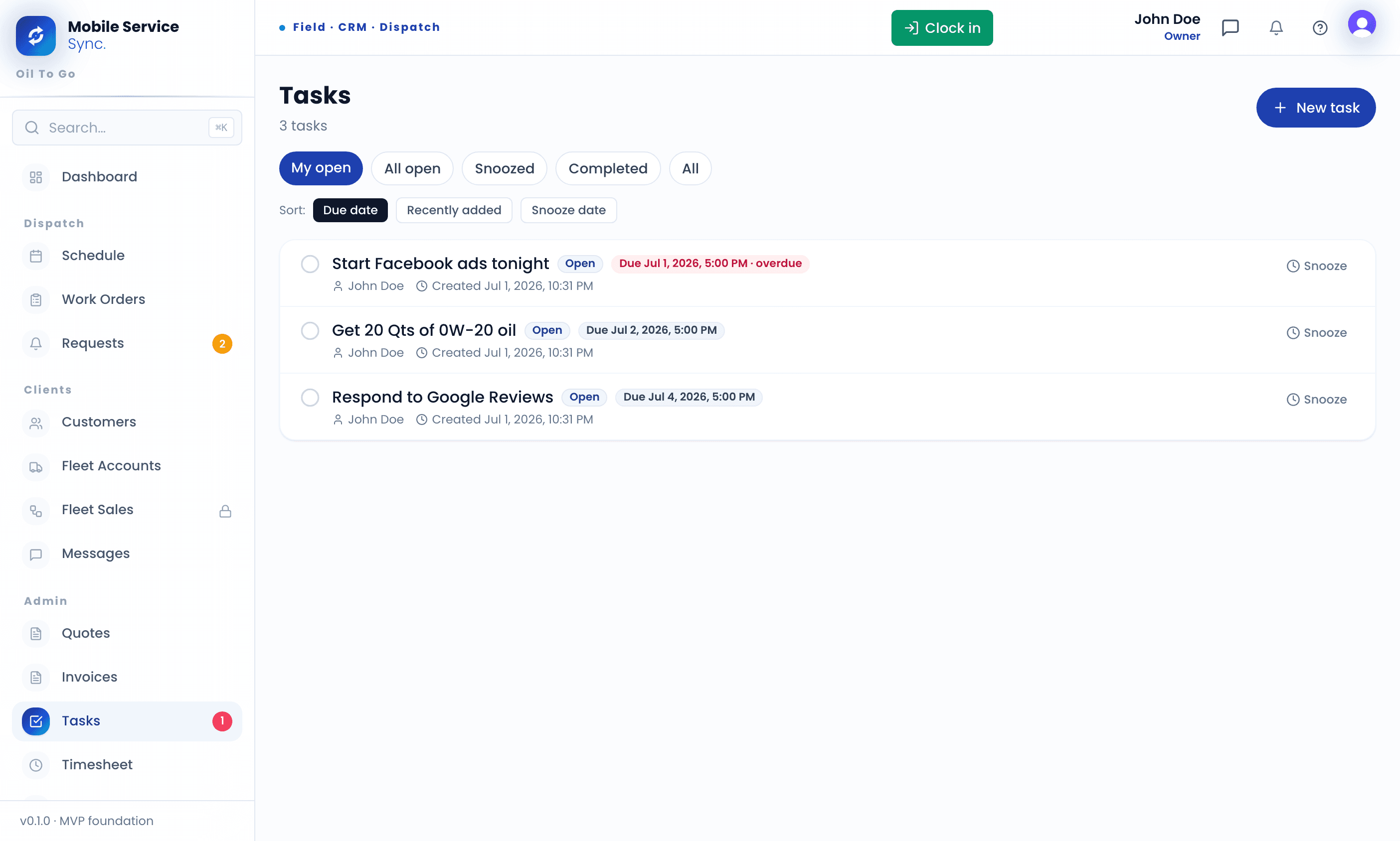 Tasks list with open to-dos, due dates, tags, and snooze - Facebook ads tonight, restock 0W-20 oil, respond to Google reviews