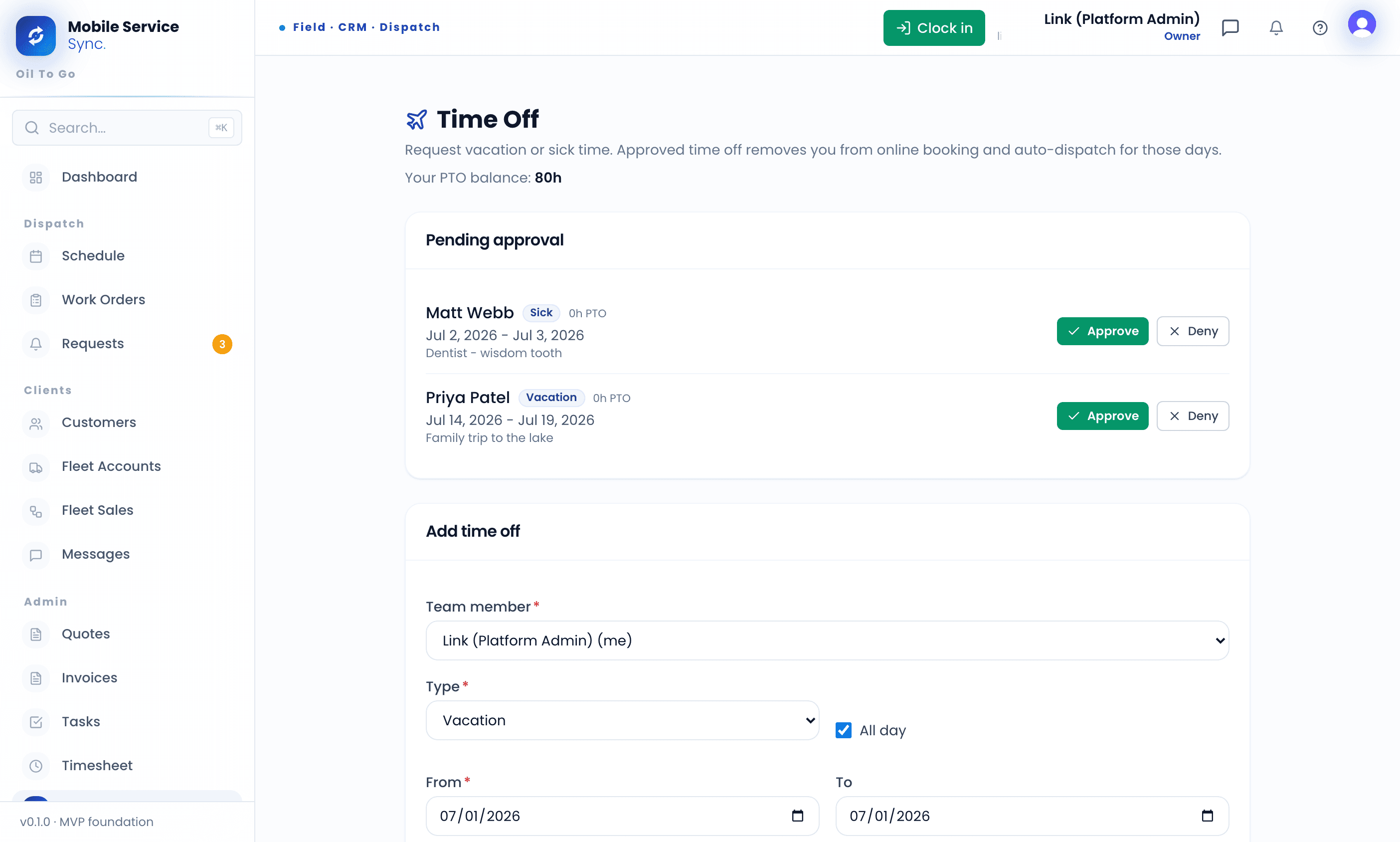 Time Off page - pending vacation and sick requests with approve and deny buttons, PTO balance, and the request form